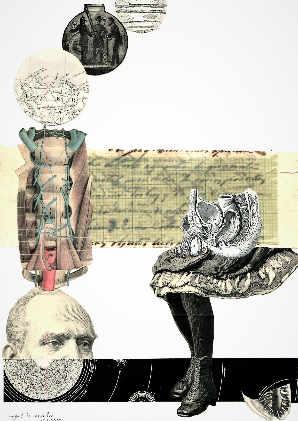 Imagem generosamente cedida pelo autor, Miguel de Carvalho. Dimensão 20 x 29 cm. Materiais em papel original da época: elementos cartográficos do século xix; elementos de anatomia humana de finais do século xix e inícios do xx; elementos de astronomia de finais do século xix; elementos de fisionomia humana de finais do século xix; elementos de moda feminina de finais do século xix; fragmentos de manuscrito de inícios do século xix; papel milimétrico em papel vegetal de meados do século xx. Pertence a uma série de quatro trabalhos realizado em 2020 e intitulada: «Da linguagem genealógica das estrelas».